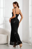 Sparkly Black Mermaid Spaghetti Straps Long Prom Dress with Sequins