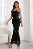 Sparkly Black Mermaid Spaghetti Straps Long Prom Dress with Sequins