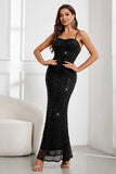 Sparkly Black Mermaid Spaghetti Straps Long Prom Dress with Sequins