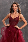 Sparkly Burgundy A Line Ruffle Tiered Long Prom Dress with Sequins