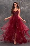 Sparkly Burgundy A Line Ruffle Tiered Long Prom Dress with Sequins