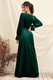 Dark Green V Neck Velvet Wrap Long Prom Dress with Long Sleeves