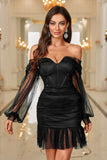 Black Off The Shoulder Corset Tight Homecoming Dress with Long Sleeves