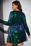 Sparkly Peacock Green A Line V Neck Party Dress with Long Sleeves