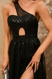 Sparkly Black A Line One Shoulder Sequin Hollow Out Short Cocktail Dress with Slit