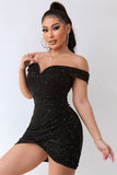 Sparkly Black Off The Shoulder Bodycon Short Cocktail Dress with Beading