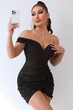 Sparkly Black Off The Shoulder Bodycon Short Cocktail Dress with Beading