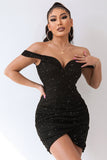 Sparkly Black Off The Shoulder Bodycon Short Cocktail Dress with Beading