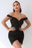 Sparkly Black Off The Shoulder Bodycon Short Cocktail Dress with Beading