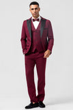 Men's Burgundy 3 Pieces Peak Lapel Wedding Prom Suits