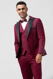 Men's Burgundy 3 Pieces Peak Lapel Wedding Prom Suits