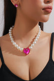 Fuchsia Faux Pearl Decor Heart Pendant Necklace