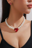 Fuchsia Faux Pearl Decor Heart Pendant Necklace