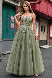 Green Tulle Spaghetti Straps A Line Corset Long Prom Dress with Appliques