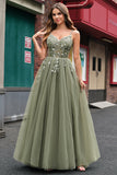 Green Tulle Spaghetti Straps A Line Corset Long Prom Dress with Appliques