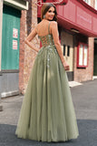 Green Tulle Spaghetti Straps A Line Corset Long Prom Dress with Appliques