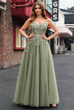 Green Tulle Spaghetti Straps A Line Corset Long Prom Dress with Appliques