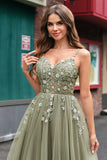 Green Tulle Spaghetti Straps A Line Corset Long Prom Dress with Appliques