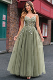 Green Tulle Spaghetti Straps A Line Corset Long Prom Dress with Appliques