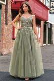 Green Tulle Spaghetti Straps A Line Corset Long Prom Dress with Appliques