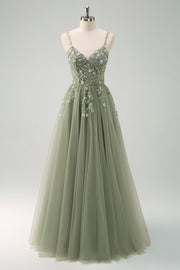 Sparkly Green A Line Spaghetti Straps Tulle Corset Long Prom Dress with Appliques