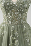 Sparkly Green A Line Spaghetti Straps Tulle Corset Long Prom Dress with Appliques