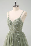 Sparkly Green A Line Spaghetti Straps Tulle Corset Long Prom Dress with Appliques