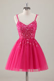 Fuchsia A Line Spaghetti Straps Short Prom Dress Pleated with Sequins Appliqued