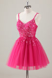 Fuchsia A Line Spaghetti Straps Short Prom Dress Pleated with Sequins Appliqued