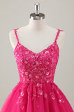 Fuchsia A Line Spaghetti Straps Short Prom Dress Pleated with Sequins Appliqued