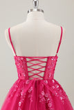 Fuchsia A Line Spaghetti Straps Short Prom Dress Pleated with Sequins Appliqued