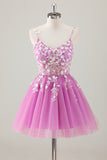 Fuchsia A Line Spaghetti Straps Short Prom Dress Pleated with Sequins Appliqued