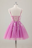 Fuchsia A Line Spaghetti Straps Short Prom Dress Pleated with Sequins Appliqued