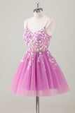 Purple A Line Spaghetti Straps Short Prom Dress Pleated with Sequins Appliqued