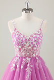 Fuchsia A Line Spaghetti Straps Short Prom Dress Pleated with Sequins Appliqued