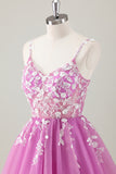 Fuchsia A Line Spaghetti Straps Short Prom Dress Pleated with Sequins Appliqued