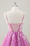 Fuchsia A Line Spaghetti Straps Short Prom Dress Pleated with Sequins Appliqued