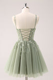 Green A Line Spaghetti Straps Tulle Corset Sequins Homecoming Dress with Appliques