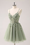 Green A Line Spaghetti Straps Tulle Corset Sequins Homecoming Dress with Appliques