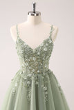 Green A Line Spaghetti Straps Tulle Corset Sequins Homecoming Dress with Appliques