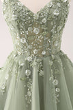 Green A Line Spaghetti Straps Tulle Corset Sequins Homecoming Dress with Appliques