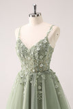 Green A Line Spaghetti Straps Tulle Corset Sequins Homecoming Dress with Appliques