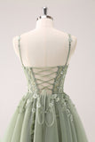 Green A Line Spaghetti Straps Tulle Corset Sequins Homecoming Dress with Appliques