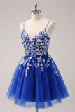 Royal Blue A Line Spaghetti Straps Tulle Corset Sequins Homecoming Dress with Appliques