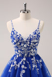 Royal Blue A Line Spaghetti Straps Tulle Corset Sequins Homecoming Dress with Appliques