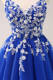 Royal Blue A Line Spaghetti Straps Tulle Corset Sequins Homecoming Dress with Appliques