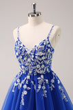 Royal Blue A Line Spaghetti Straps Tulle Corset Sequins Homecoming Dress with Appliques