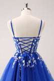 Royal Blue A Line Spaghetti Straps Tulle Corset Sequins Homecoming Dress with Appliques