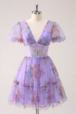 Purple A-Line V Neck Corset Floral Homecoming Dress with Lace Up Back