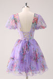 Purple A-Line V Neck Corset Floral Homecoming Dress with Lace Up Back